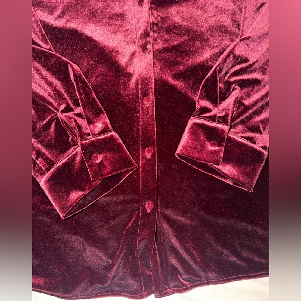CeCe Burgundy Velvet Long Sleeve Button-Down Blouse - Size XL - Picture 2 of 9